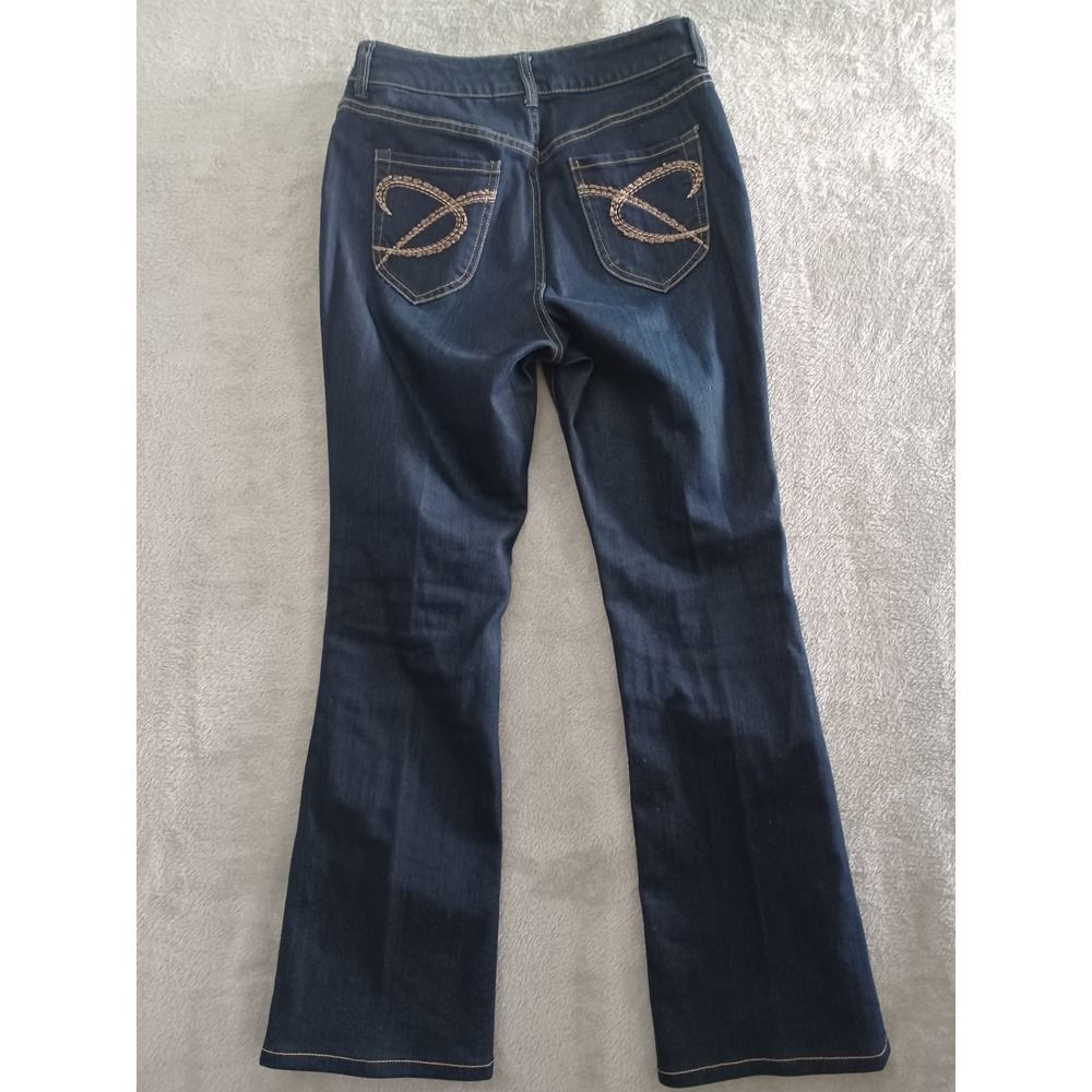 Chicos BootCut Jeans Sz 4 Platinum Dark Wash Embellished Pocket Casual Stretch